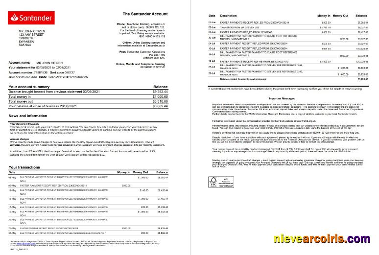 United Kingdom Santander bank statement in Excel and PDF format (2 pages)